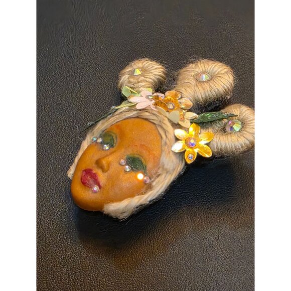 Handcrafted Face Brooch With Floral Accents & Rhinestones - Picture 5 of 10